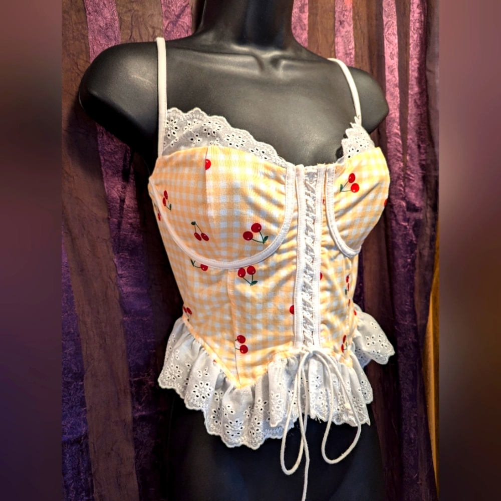 Cherry 🍒 Gingham Cottage Core Milkmaid Cami Tank Top Corset Lace Ruffle Medium